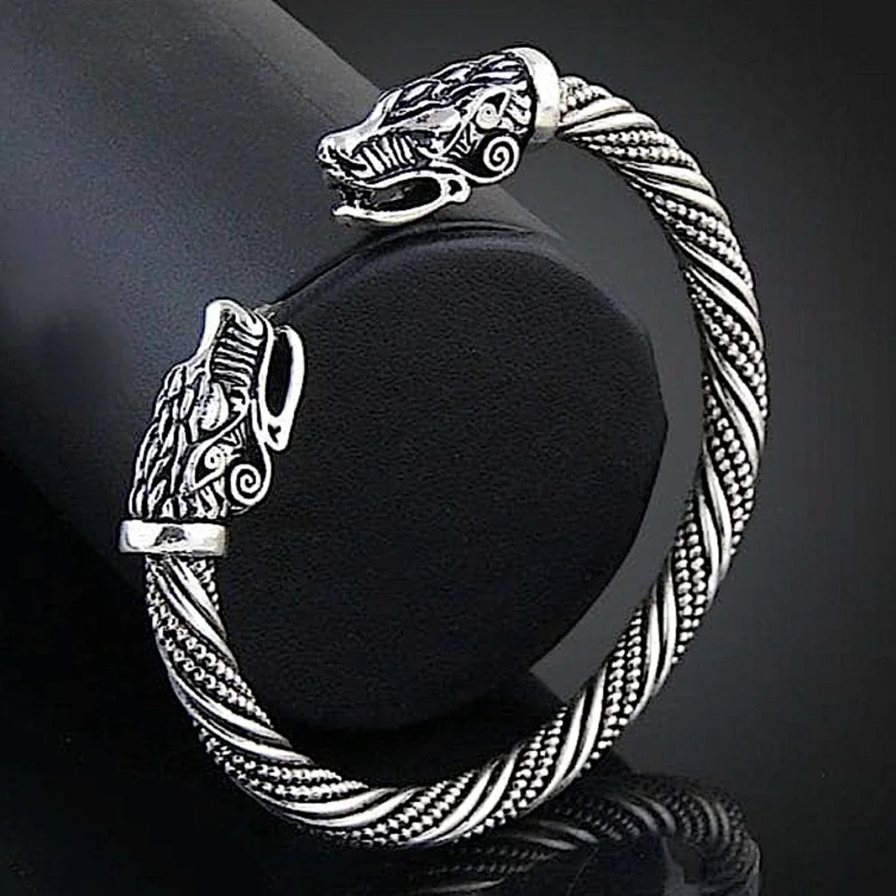 Sterling Silver Plated Serpent Viking Wolf Head Cuff Bracelet